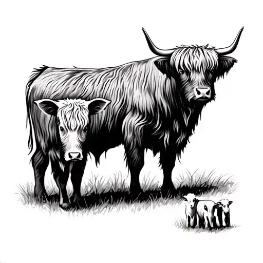 Highland Cow With Three Calves