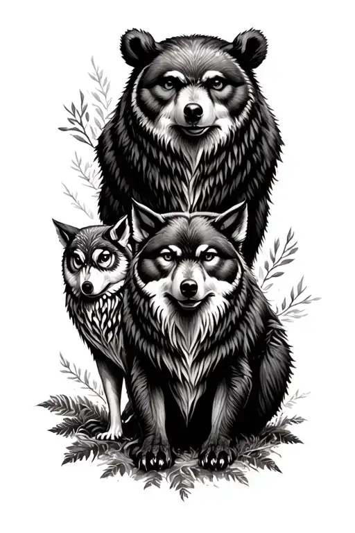 Bear And Wolf And Owl In A Forest