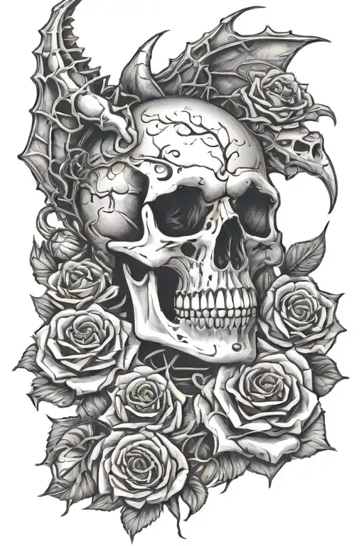 Hand Skeleton With Rose That Goes Up The Forearm And The Skeleton Turns Into A Dragon With Roses