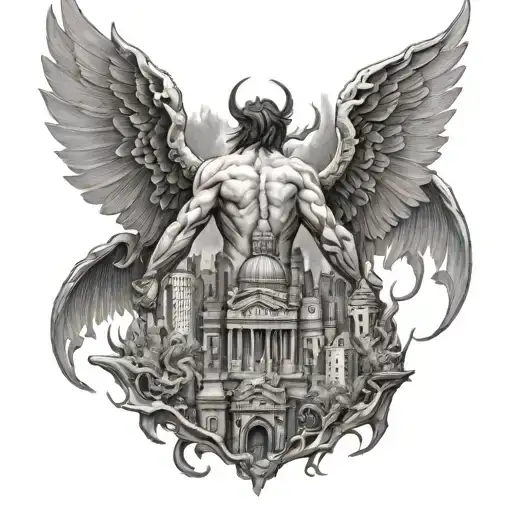 Full Back Tattoo Of City Scape With Demons Fighting An Angel