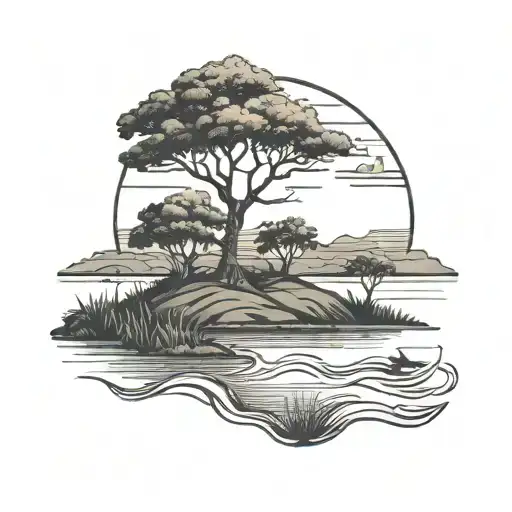 Savannah Landscape With Water And Sun In The Background