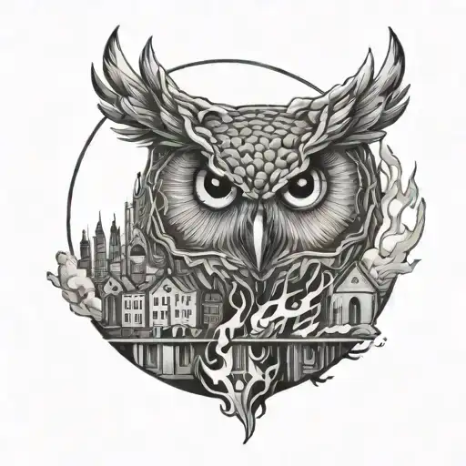 Burning City With Owl Perched