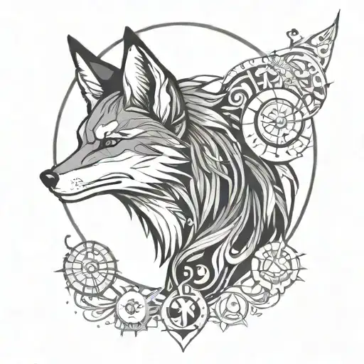 Demon Fox With Moon And Sun And Geo Symteric Shapes