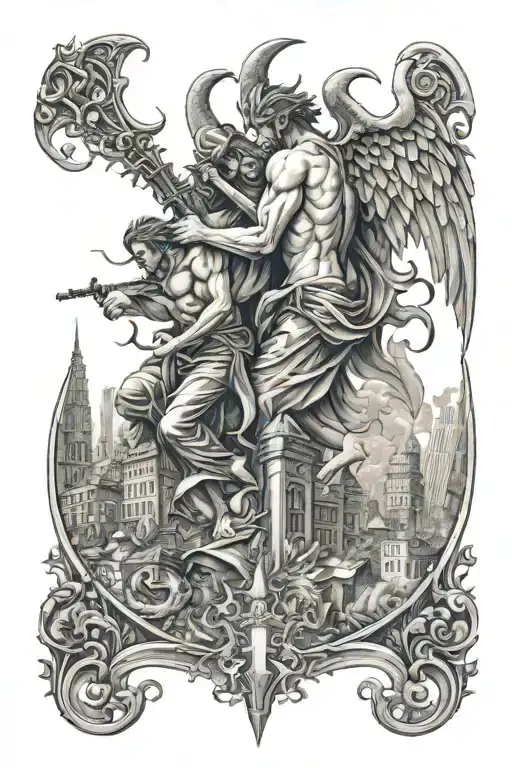 Full Back Tattoo Of City Scape With Demons Fighting An Angel