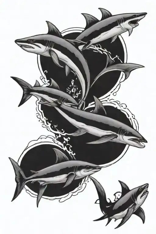 Sun At The Top Followed By Waves Followed By Two Thresher Sharks Followed By A Trident