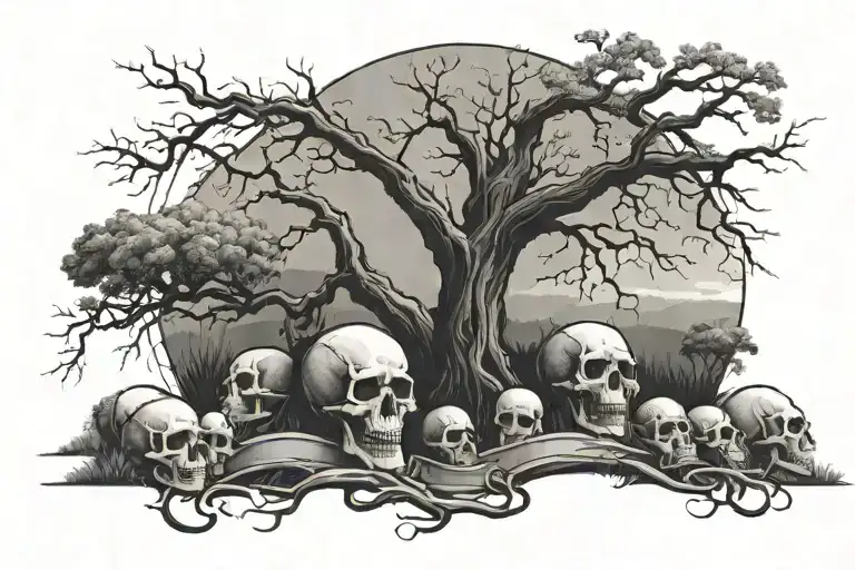 A Grave Yard With Rolling Hills And Skulls An Oak Tree