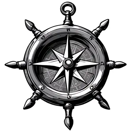 Nautical Compass With Points Inside Of A Steering Wheel Laying On An Anchor