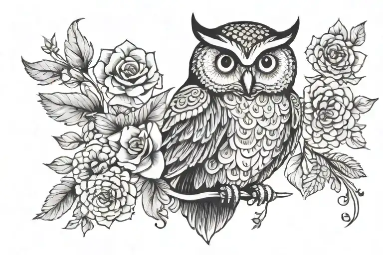 Owl With Patterns And Flowers Incorporated Within