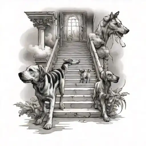 Dogs Walking Towards The Staircase Of Heaven