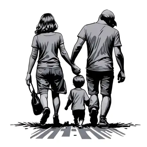 Road With Back Man Walking Hand In Hand Holding Hands With A Women And 2 Kids