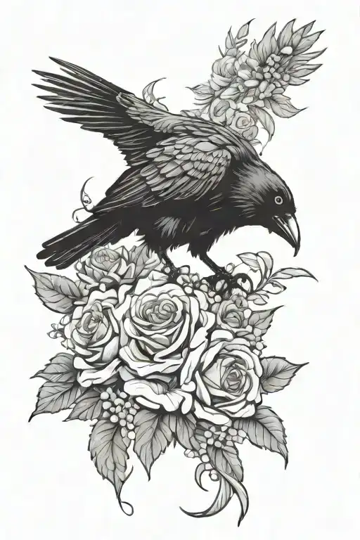 Crow On Eight Flowers