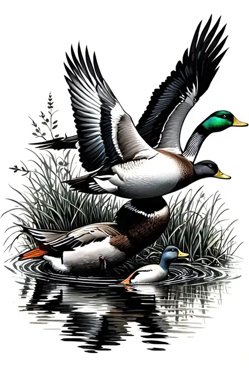 Duck Hunting Scene With Ducks Flying In And Some On The Water And Duck Weed All Around