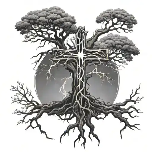 Giant Cross Within Tree With Lightning Long Roots Reaching Deep