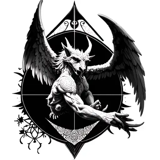 Half Sleeve Forearm Tatoo With Gargoyle And Angel Wings And Mandala And Geometric Design