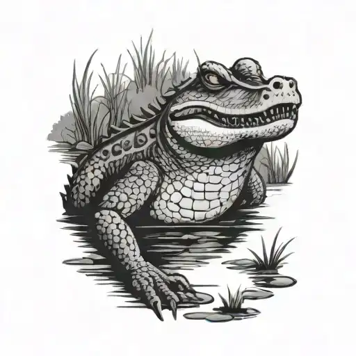 Swamp With A Gator In Black And White