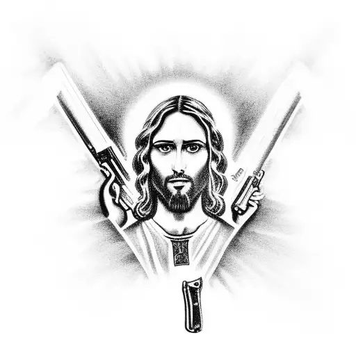 Jesus Holding A Gun While Standing On A Classic Car
