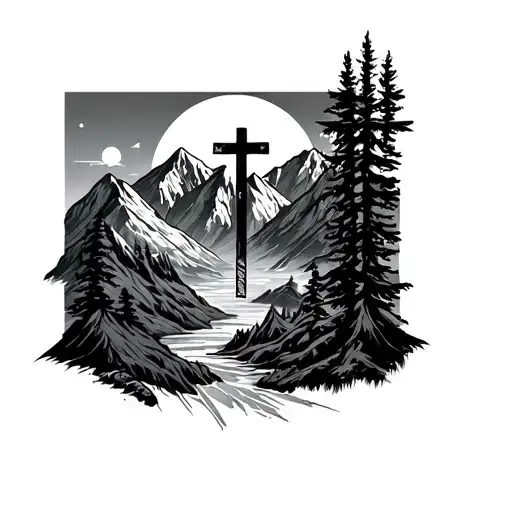 Tetelestai Tattoo With Mountain Backdrop And A Cross