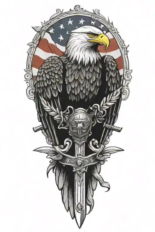 Bald Eagle With A Sword And Roses In Front Of An American Flag
