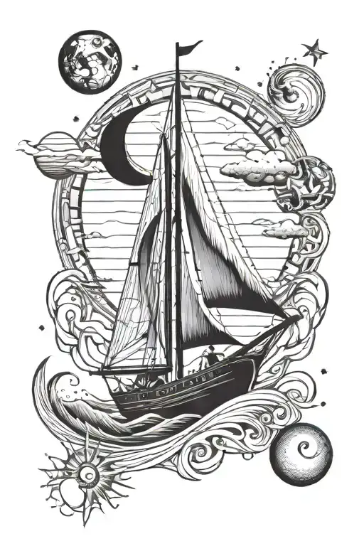 Sail Boat Sailing With Sun And Moon Phases