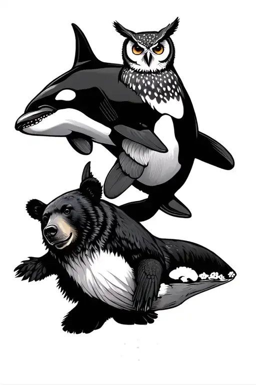 Bear And Orca And Owl Perched