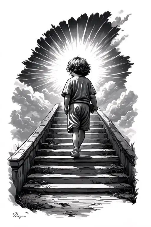Little Boy Walking Up Stairway To Heaven