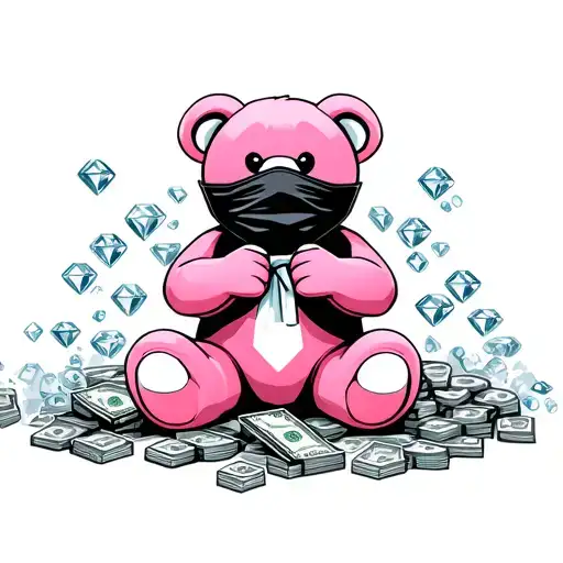Pink Teddy Bear With Ski Mask On Top Of Head Holding Stacks Of Cash & Diamonds Laying Around