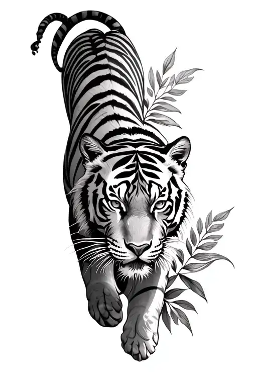 Tiger Stalking Down My Arm With Foliage