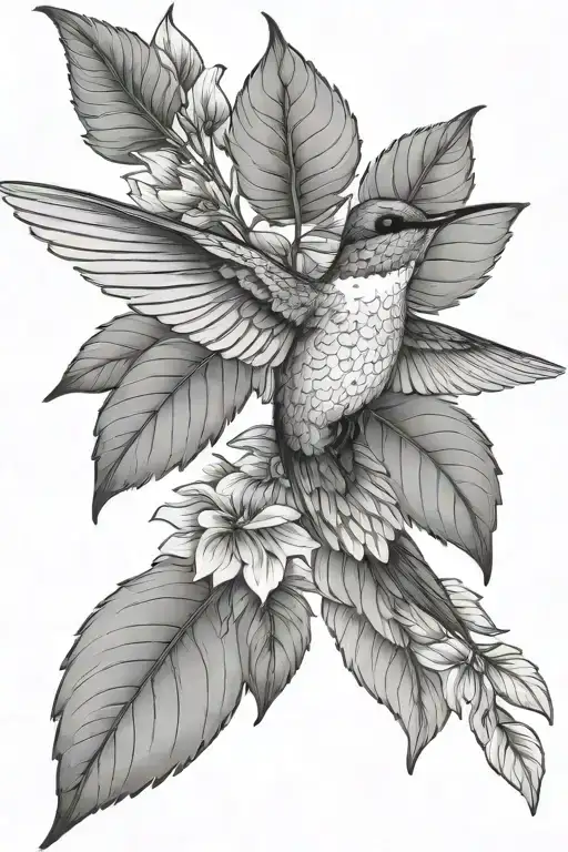 Hummingbird With Basic Leaves On Stem Realism Blackwork