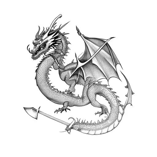 Dragon With Sword And Rose And Raven