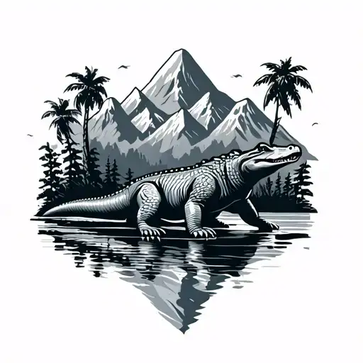 Alligator And Bear Near Mountains And Palm Trees