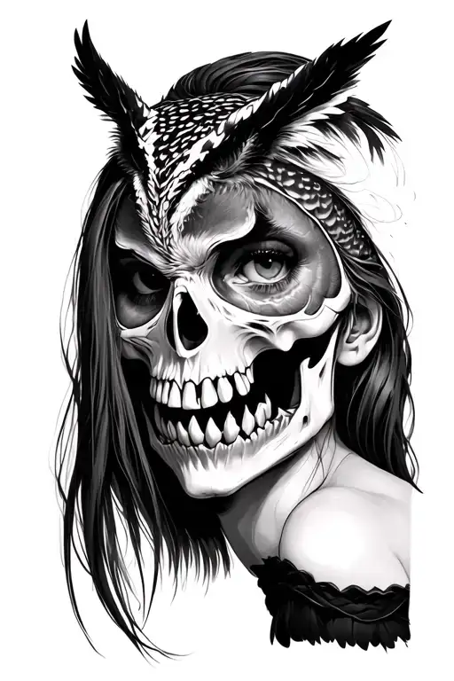 Half Woman Face With Skeleton Jaw Line Half Owl Face