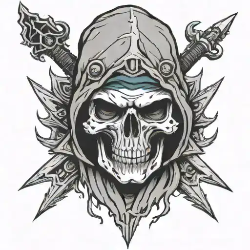 Exu Skull With Hood And Trident Behind