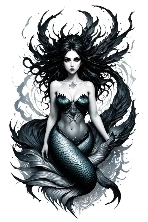 Dark Art Siren Mermaid Full Body Surrounded By Cyber Sigilism