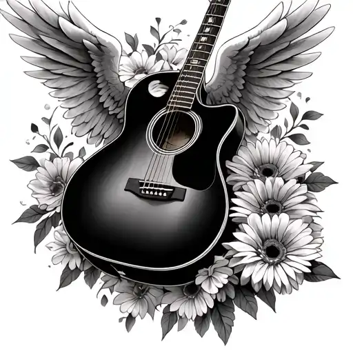 Acoustic Guitar With Angel Wings And Gerberas