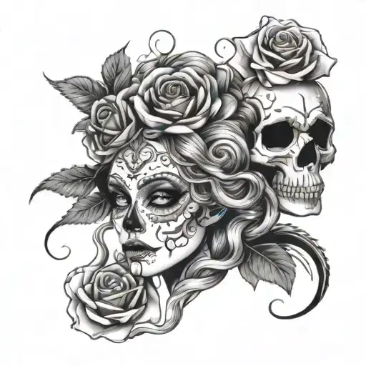 Medusa Beside A Sugar Skull With Roses And Maleficent In A Bed Of Flowers