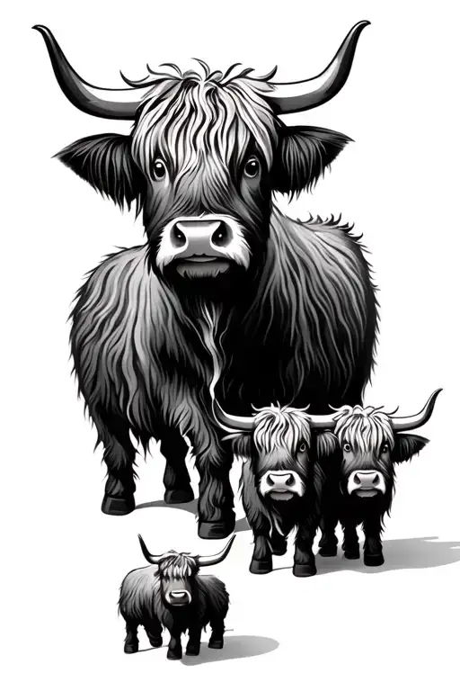 Cartoon Highland Cow Family Of Four Posing Together