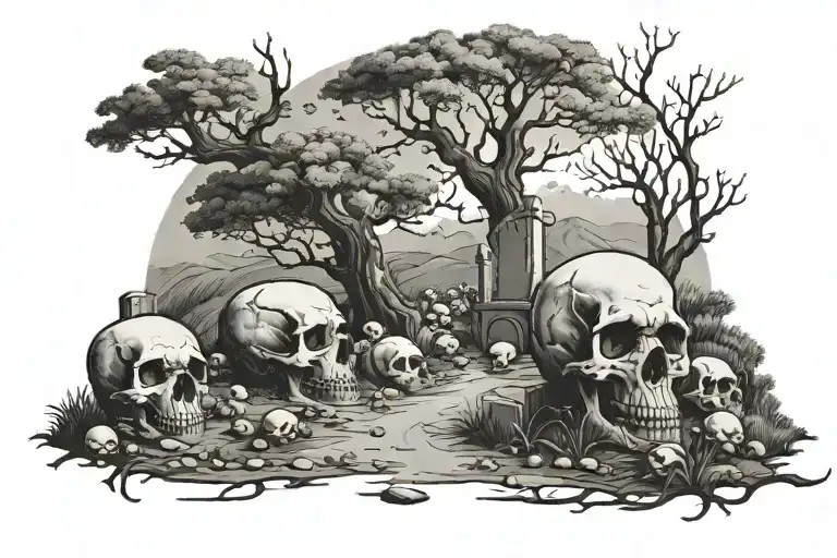 A Grave Yard With Rolling Hills And Skulls An Oak Tree