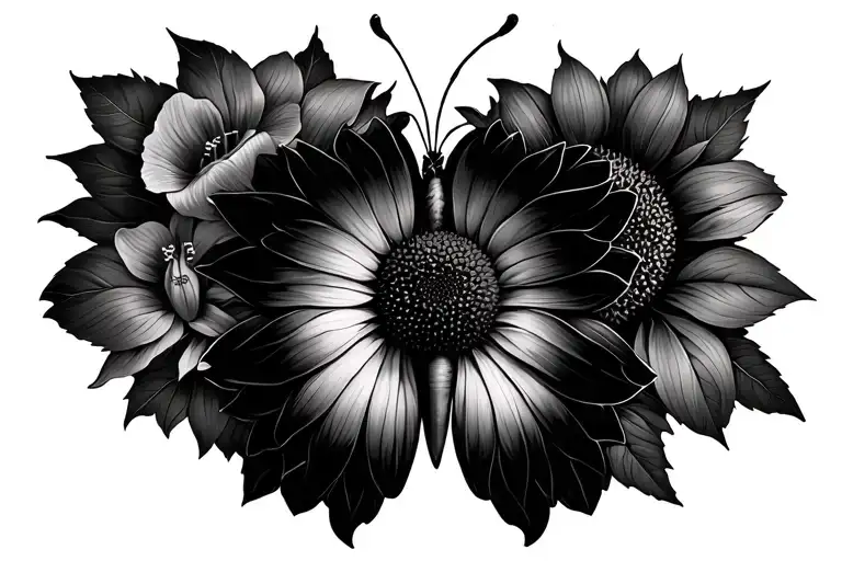 Sunflower In Centre Of Butterfly With Hibiscus Flowers Around