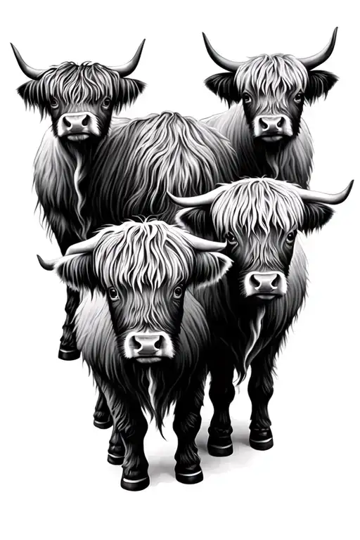 Four Highland Cows Facing Forward Facing Female