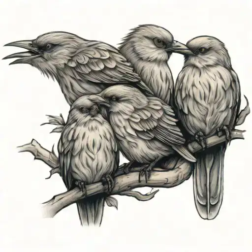 Momma Bird And Two Baby Birds Perched