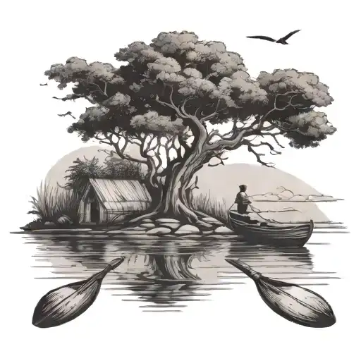 Wind Swept Tree On A Small Island With Canoe Docked