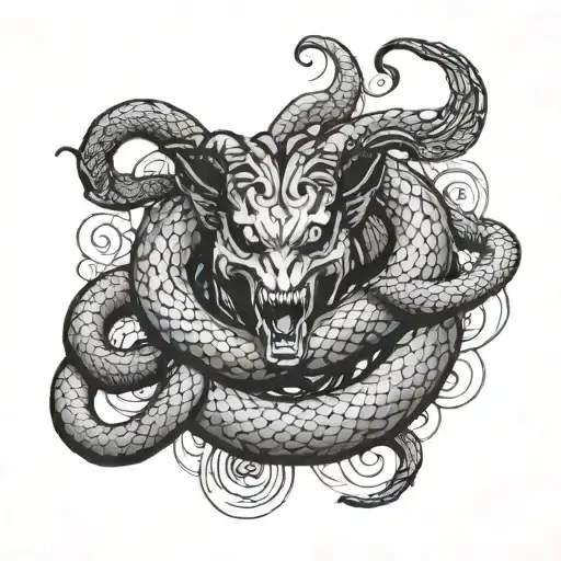 A Trash Polka Style Tattoo Of A Snake Coiled Around A Baphomet With A Greek Statue In The Background