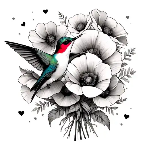 Hummingbird With Hearts Drinking From A Boquet Of Poppy Flowers