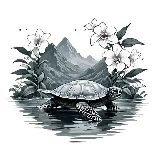 Turtle Swimming In Orchids And Mountains