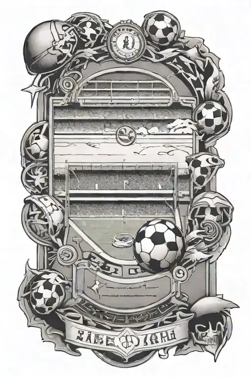 A Black-grey Tattoo Of A Football Field With Horoscope Symbols Hidden In The Background