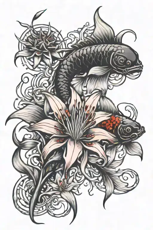 Red Spider Lilly Flower And Coy Fish Swimming