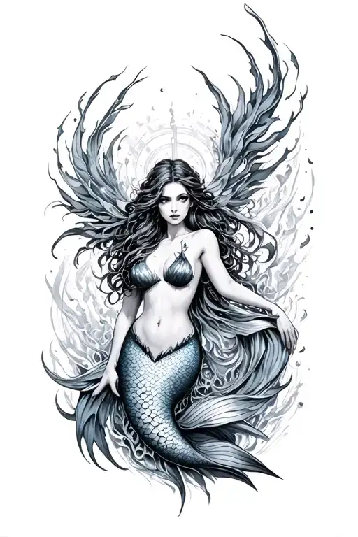 Dark Art Siren Mermaid Full Body Surrounded By Cyber Sigilism