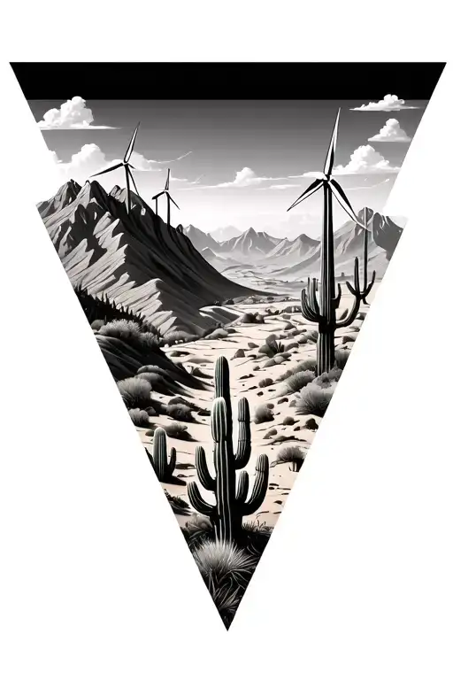 3 Sperate Triangles Put Images Of Desert Mountains With Many Windmills On The Mountains And Cactus