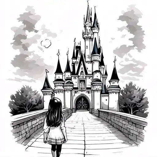 Little Girl Walking Towards Disneyland Castle