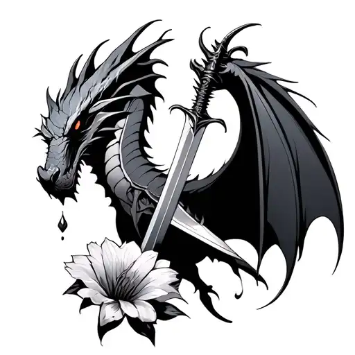 Assasin Creed Dragon Holding A Sword And Dropping Down A Flower